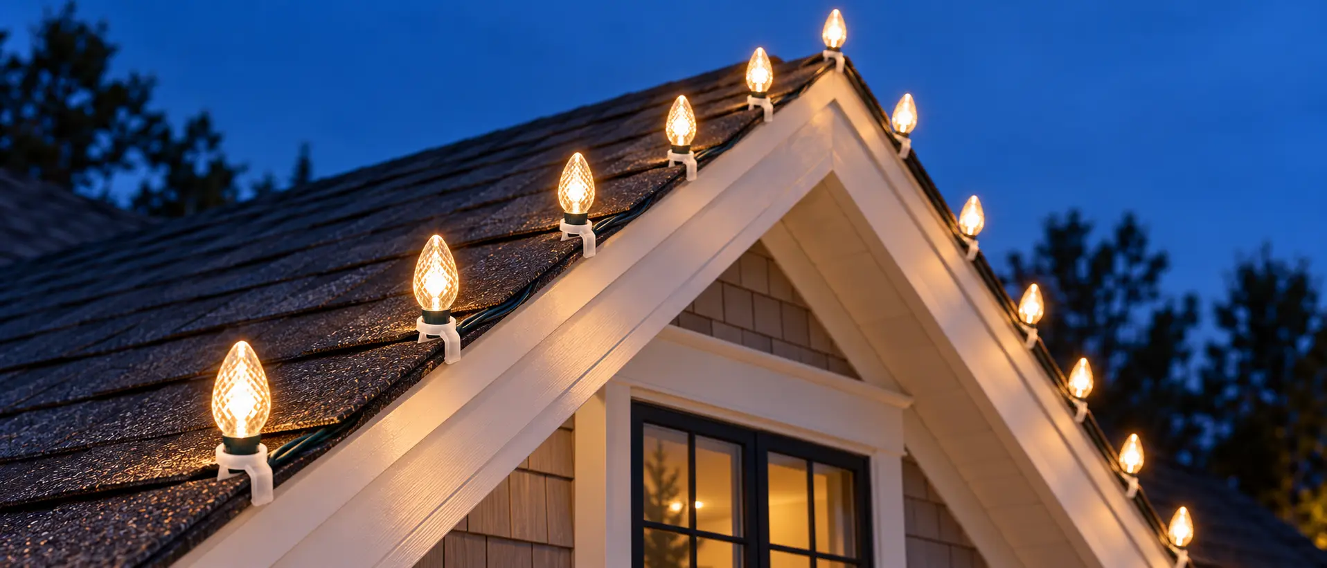 Close view of warm-white commercial-grade C9 bulbs installed along a roof peak