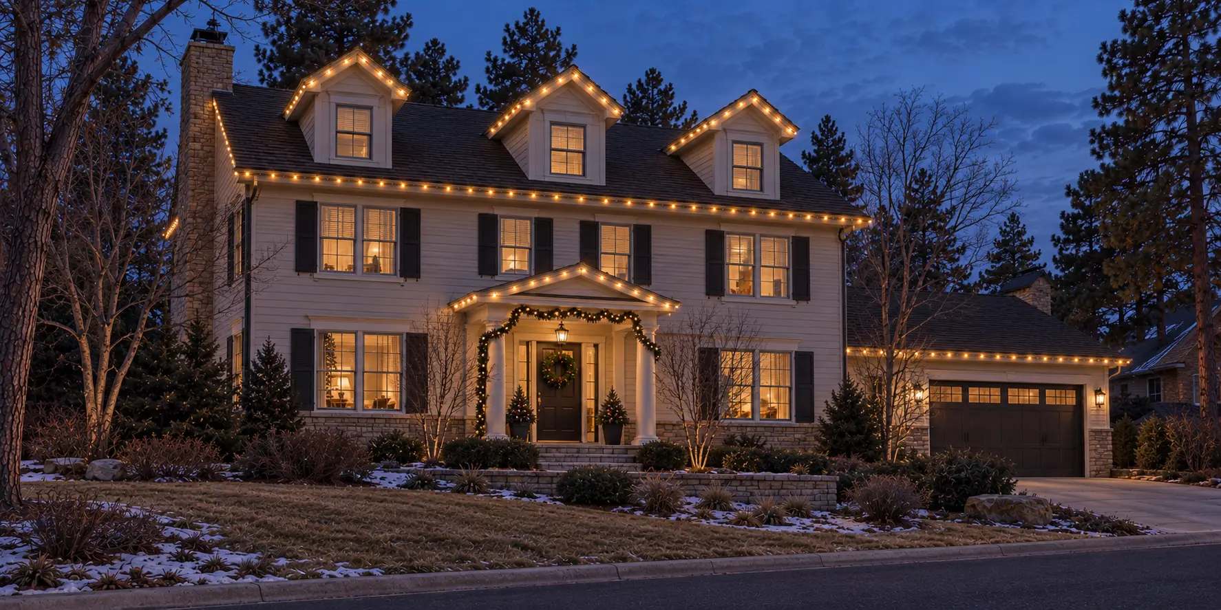 Large Colorado home with warm-white lights fitted to rooflines, peaks, and dormers