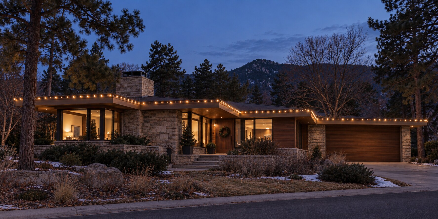 Colorado Springs home with a custom warm-white Christmas roofline display